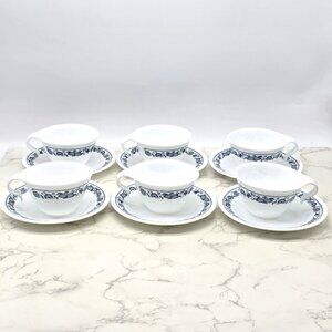 Vintage Corelle 6 Old Town Blue Onion Tea Cups Saucers Hook Handle White Floral